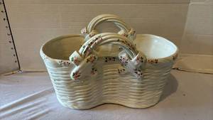 lot 3150 image: Ceramic Wicker-Style Double Basket Planter with Floral Accents