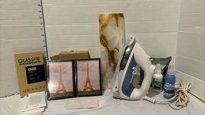 lot 3211 image: Home Essentials Bundle - Steam Iron, Eiffel Tower Frames, Tempered Glass Screen Protectors & More