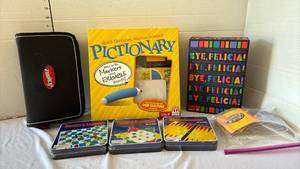 lot 3225 image: Family Board Game Lot - Pictionary, Scrabble, Bye Felicia, & Tin Games