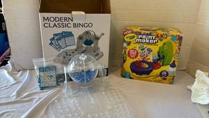 lot 3243 image: Modern Classic Bingo Set & Crayola Paint Maker  (Bingo game needs handle fixed)