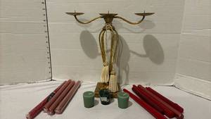 lot 3300 image: Gold Metal 3-Arm Candelabra with Tassel Decoration and Candles