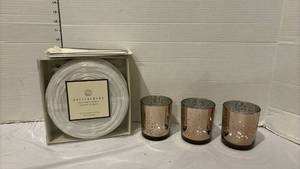 lot 3302 image: Pottery Barn Round White Paper Lanterns Set of 10 & Mercury Glass Votive Holders Set of 3