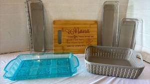 lot 3320 image: Kitchen & Home Lot Engraved Bamboo Cutting Board, Blue Glass Tray, Clear Organizer Bins & Woven Basket