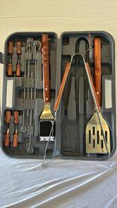 lot 3323 image: Stainless Steel BBQ Grill Tool Set with Wooden Handles and Carrying Case