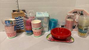 lot 3325 image: Party Supplies Bundle - Cups, Straws, Bowls, Cutlery and More
