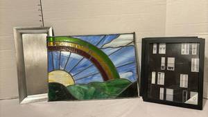 lot 3338 image: Stained Glass Rainbow Sunrise Hanging Panel - has a few cracks - see pictures, plus a metal tray and five frames