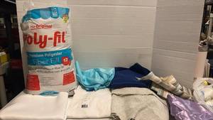 lot 3431 image: Sewing & Craft Supply Lot - Poly-fil Fiber Fill, Assorted Fabrics & Embroidery Thread Spools