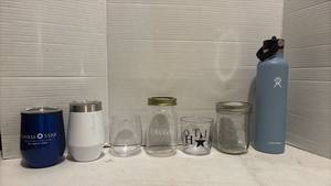 lot 3452 image: Mixed Drinkware Lot - Hydro Flask, Reduce Tumbler, Glassware & Mason Jars