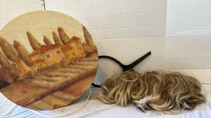 lot 3472 image: Decorative Tuscan Landscape Hat Box with Blonde hairpieces and Stand