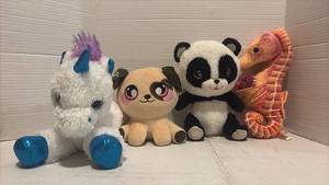 lot 3538 image: Lot of 4 Stuffed Animal Plush Toys - Unicorn, Pug, Panda, Seahorse