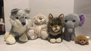 lot 3544 image: Lot of 5 Stuffed Animal Plush Toys - Wolf, Bunny, Cat, Elephant & Bear