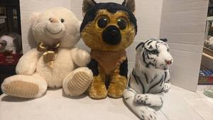 lot 3553 image: Stuffed Animal Plush Toy Lot - Bear, German Shepherd Dog & White Tiger