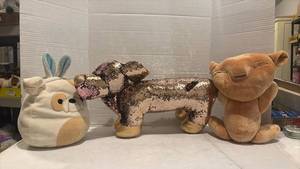 lot 3561 image: Stuffed Animal Plush Toy Lot of 3 - Squishmallow Pug, Sequin Dachshund, Lion Cub