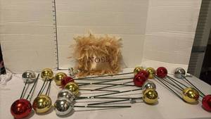 lot 3705 image: Christmas Ornament Ball Picks and Noel Feather Decorative Pillow