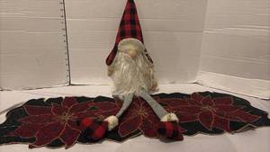 lot 3708 image: Christmas Gnome and Beaded Poinsettia Table Runner