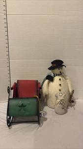 lot 3709 image: Fabric Snowmen with Metal Christmas Sleigh Decoration