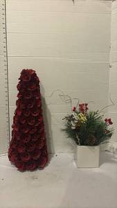 lot 3715 image: Red Rose Cone Tree and Christmas Floral Arrangement