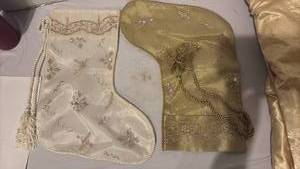 lot 3722 image: Gold and Ivory Embroidered Christmas Stockings with Gold Tree Skirt and Ribbon
