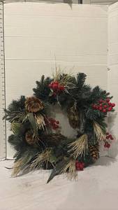 lot 3726 image: Christmas Holiday Wreath with Berries and Pine Cones