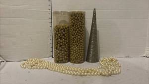 lot 3730 image: Holiday Decorations with Glitter Ball Tubes, Cone Tree, and Pearl Bead Garland
