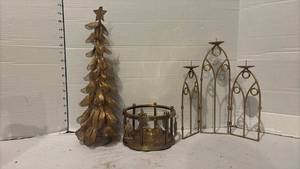 lot 3732 image: Gold Christmas Holiday Decor - Tree, Angel Candle Holder & Tall Candle Holder