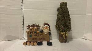 lot 3735 image: Happy Holidays Santa Reindeer Sign and Natural Twig Christmas Tree Decor