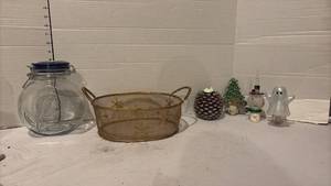 lot 3739 image: Holiday Home Decor Lot with Glass Jar, Gold Wire Basket, and Seasonal Night Lights