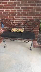 lot 4100 image: Iron butterfly outdoor bench with cushion and pillow 40 x 60 x 20 in