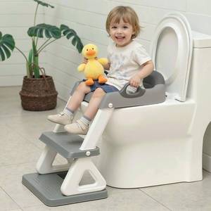 lot 6540 image: Potty Training Toilet Seat with Step Stool Ladder for Boys and Girls Baby Toddler Kid Children Toilet Training Seat Chair with Handles Padded Seat Non-Slip Wide Step(Gray)