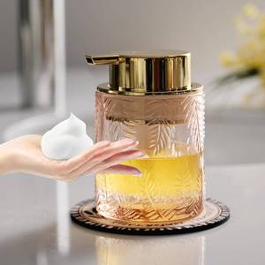 lot 6574 image: CICUFY Glass Foam Soap Dispenser for Kitchen & Bathroom - Refillable Lotion Dispenser with Large Gold Pump (Leaf Pattern-Pink)