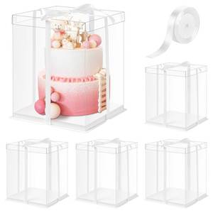lot 6589 image: Ocmoiy 10x10x12Inch Clear Cake Box, 5 Pcs Tall Cake Boxes with Ribbon, Treat Transport Boxes for Wedding, Birthday, Party