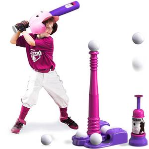 lot 6599 image: QDRAGON 2 in 1 T Ball Sets for Kids 3-5 5-8, Tee Ball Set with Automatic Pitching MachineAdjustable Batting Bat & Stand6 Balls, Baseball Toys Outdoor Sport for Toddlers Girls, Pink