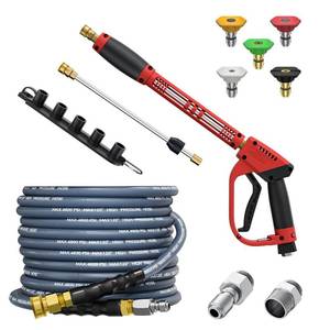 lot 6624 image: TechSweepPro 5000PSI Pressure Washer Gun and Hose Kit, 25FT Kink Resistant Steel Braided Power Washer Hose with 38 Swivel Quick Connector and M22 14mm Adapters Replacement30 Extension Washer Wand
