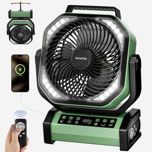lot 6631 image: Socool Camping Fan with Light, 20000mAh Rechargeable Battery Fan with Remote, 112Hrs & 8 Speeds, Digital Display, Timer, Auto Oscillation, 270° Pivot & Hook for Outdoor Tent, Hurricane, Power Outage