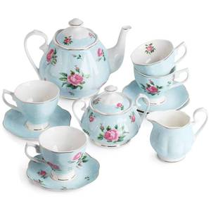 lot 6639 image: BTaT- Floral Tea Sets for Adults, 13 pcs, Service for 4, Pot (38 oz) & Cups (8 oz) with Saucers, Pastel Blue Floral Design, Porcelain Tea Set for Adult, Dishwasher Safe