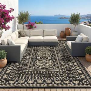lot 6649 image: Garvee Reversible Outdoor Rug 6x9 for Patio, Waterproof Outdoor Area Rug, Modern Medallion Indoor Outdoor Rugs, Plastic Straw Rug for RV, Camping, Deck, Vintage Brown