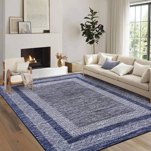 lot 6653 image: GarveeHome Modern Geometric Area Rug 4x6 Distressed Bordered Washable Non Slip Floor Carpet Non Shedding Thin Soft Low Pile Contemporary Navy Blue Rug for Dining Room, Living Room