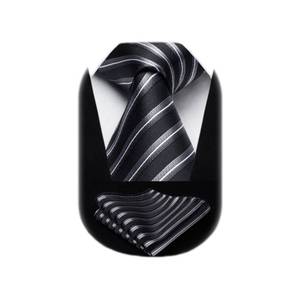 lot 6694 image: HISDERN Mens Tie Black Sliver Stripe Tie and Pocket Square Set Formal Striped Silk Necktie Handkerchief for Work Wedding Neckties Classic 3.4