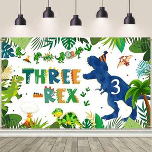 lot 6902 image: AIBIIN Dinosaur Three-rex Birthday Backdrop for Boy Happy 3rd Birthday Photography Background Greenery Jungle 3 Years Old Party Decorations Banner Supplies Photo Shoot Props 70.8 x 43.3 inch