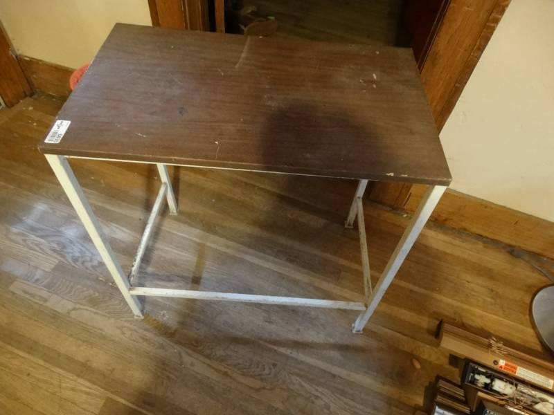 lot 6835 image: Small metal table with wood top.
