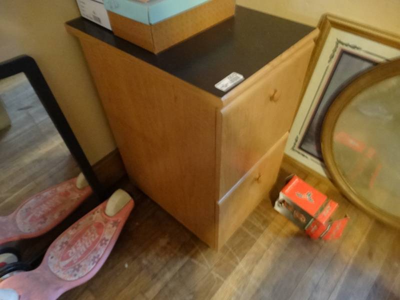 lot 6843 image: 2 Drawer wooden file cabinet.