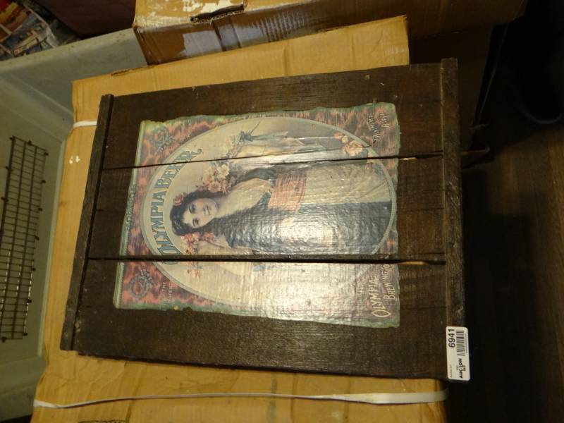 lot 6941 image: Wooden olympia beer advertisment board.
