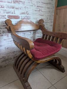 Vintage Oak Savonarola Curule Armchair with Red Cushion