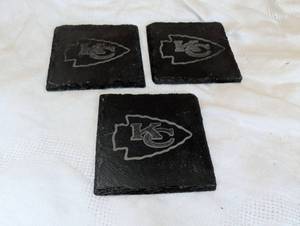 lot 2506 image: Kansas City Chiefs Engraved Slate Coasters Set of 3