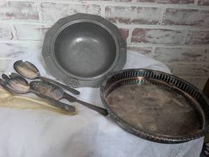 lot 2512 image: Silver-Plate Tray, Pewter Bowl and Silver-Plate Serving Utensils Set
