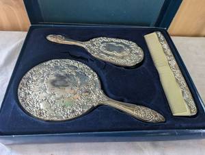 lot 3003 image: Silver Plated Vanity Set with Hand Mirror, Brush and Comb