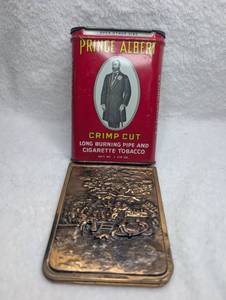 lot 3008 image: Prince Albert Crimp Cut Tobacco Tin and Gold Tone Embossed Cigarette Case Set
