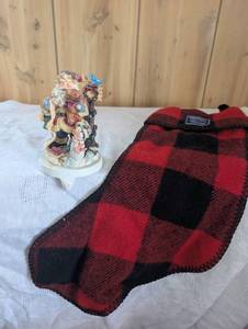 lot 8002 image: Christmas Santa Figurine and Faribault Wool Christmas Stocking Set