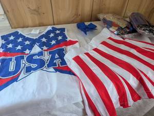 lot 8005 image: USA Patriotic Cheer Uniform with Hair Bow and Pom-Poms