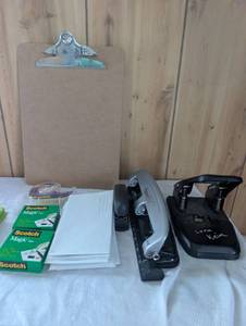 lot 8503 image: Office Supply Bundle with Paper Punch, Clipboard and Scotch Tape